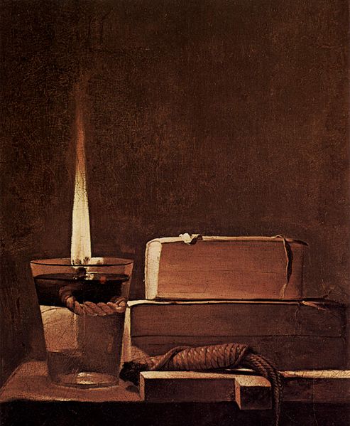 This painting shows a lit candle sitting on a table beside two books and a cross.