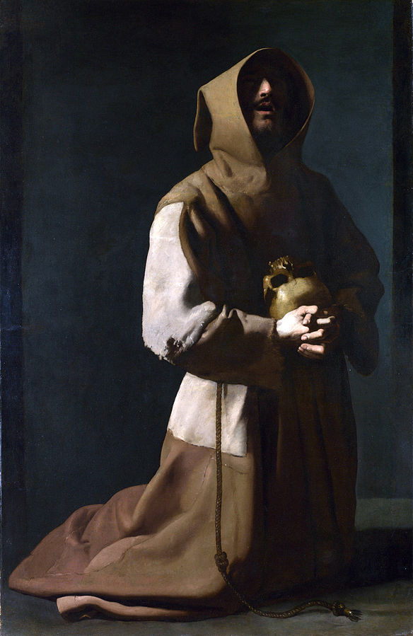 Saint Francis is depicted kneeling, holding a skull to his chest, with part of his face hidden in the shadows of his hood.