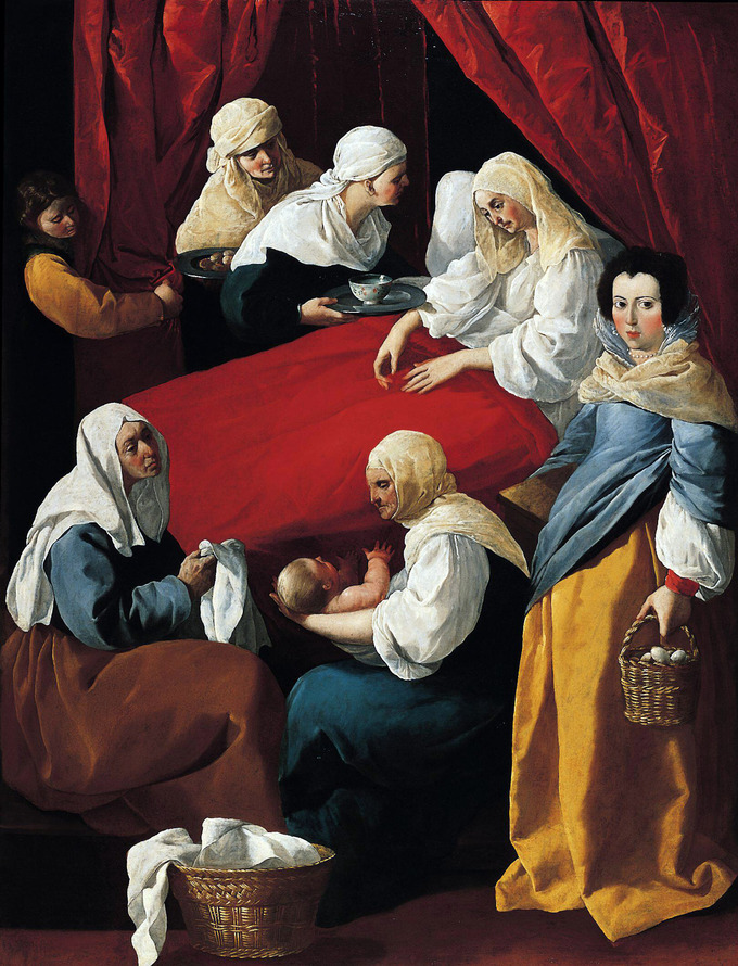Scene depicts the Virgin Mary in bed after giving birth. Several women surround her bed, and one is holding the infant.