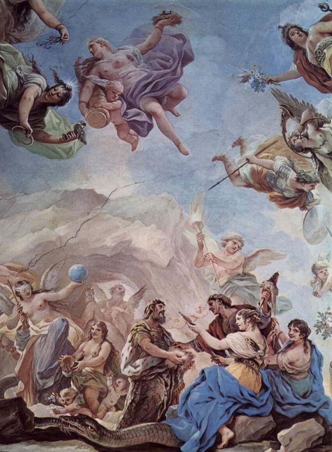 This fresco shows a lot of activity and movement, including angels in the sky and figures on the ground interacting with each other.