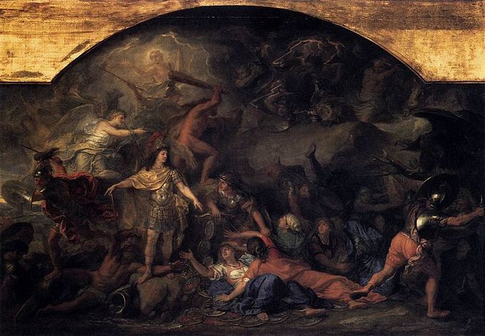 Painting depicts a dark battle scene with many figures in many different poses and actions.