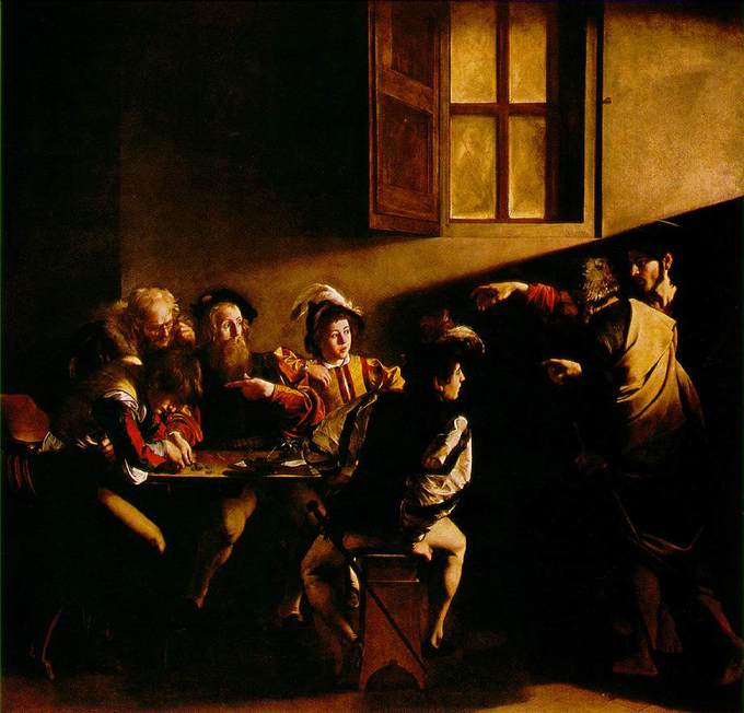 Caravaggio depicts Matthew the tax collector sitting at a table with four other men. Jesus Christ and Saint Peter have entered the room, and Jesus is pointing at Matthew. A beam of light illuminates the faces of the men at the table who are looking at Jesus Christ.