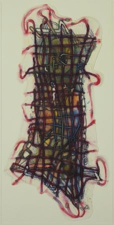 This lithograph portrays an abstract object or figure that appears to be bound with ropes or string and wiggling around.