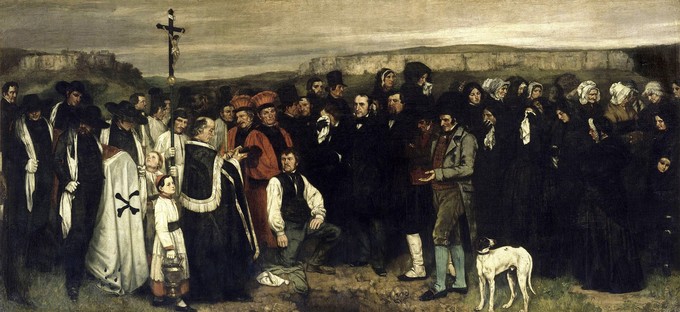 Religious figures and mourners in black gather outside for a burial.