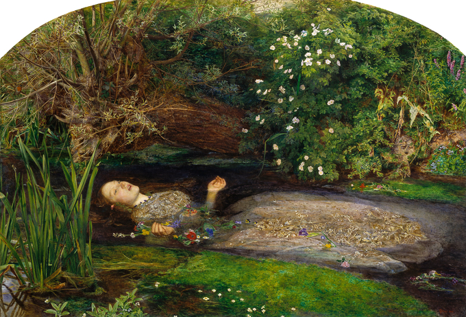 Painting depicts Ophelia from Shakespeare’s Hamlet lying in the water, singing.