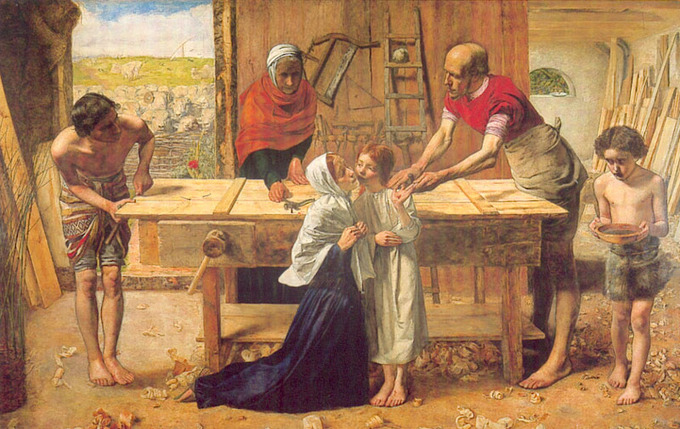Painting depicts Joseph’s workshop. On the left, Joseph is making a door. In the center, young Jesus is receiving a kiss on his cheek from Mary, while he holds out a hand that has been punctured by a nail. An older man is removing the nail and an older woman watches. On the right, a young boy walks in carrying a bowl of water.