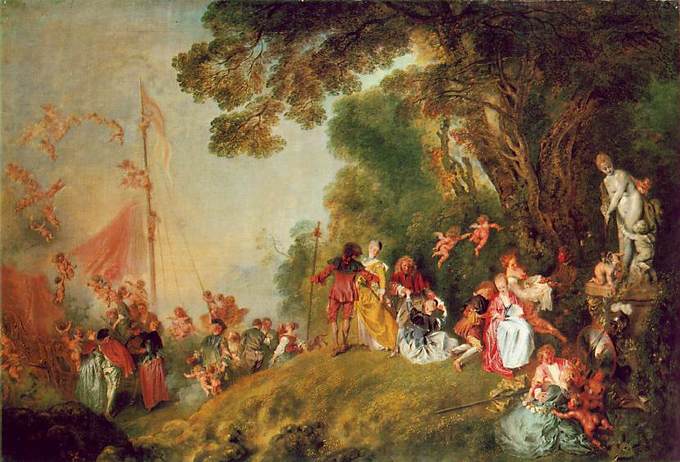 The painting portrays an amorous celebration or party in an outdoor setting. There are many couples in various poses, doing various things. There are many cupids flying around the couples.