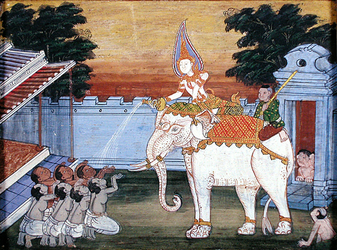 A decorated man sits on top of the while elephant, pouring something from a bottle into the hands of men on the ground, who are kneeling before him. Another man, presumably a servant figure, sits on the rear of the elephant.