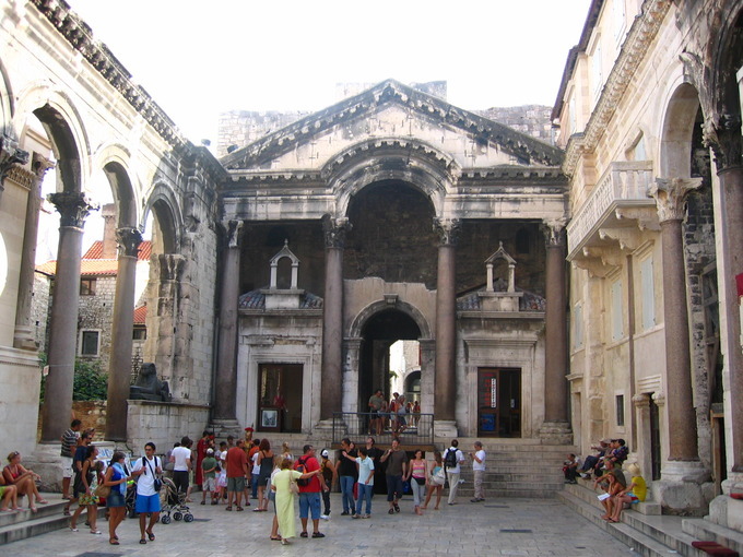 This is a photo of the Peristyle at Diocletian's Palace. The Peristyle is the central square of the palace, where the main entrance to Diocletian's quarters is located.