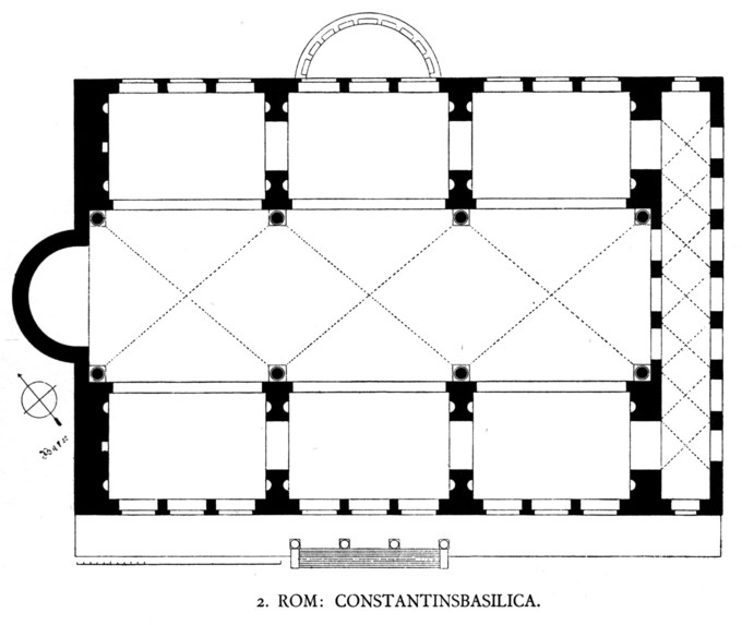This is a diagram of the Basilica Nova, showing its ground plan. The building consisted of a central nave covered by three groin vaults suspended above the floor on large piers, ending in an apse at the western end.