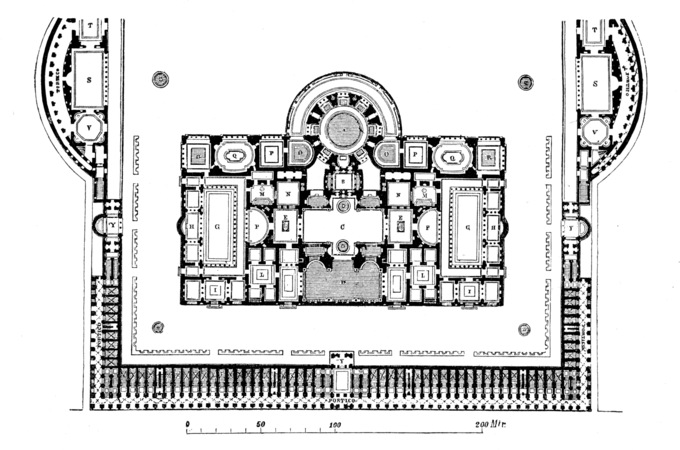 This is a diagram of the Baths of Caracalla. It shows the main entrance, the great court, and the baths themselves, consisting of a central frigidarium (cold room) under three groin vaults, a double pool tepidarium, and a caldarium (hot room), as well as two palaestras (gyms where wrestling and boxing were practiced). The north end of the bath building contained a natatio or swimming pool.