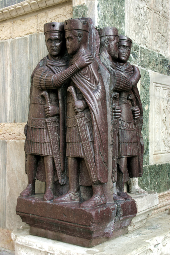 This is a photo of the Portrait of the Tetrarchs. The Portrait of the Tetrarchs is originally from Constantinople, but since the Middle Ages it has been fixed to a corner of the facade of St Mark's Basilica in Venice, Italy.