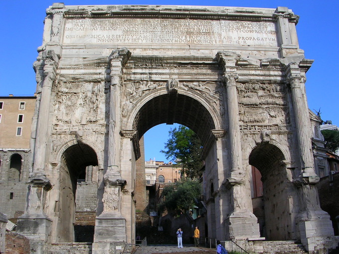 This is a current-day photo of the Roman Arch of Septimius Severus.