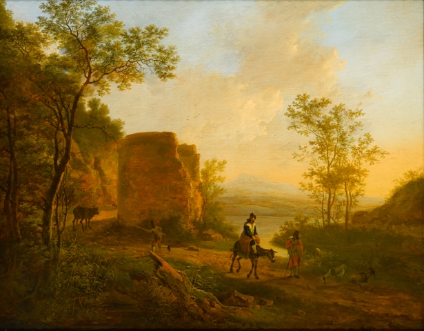 This painting depicts a scene in the countryside with gold light. A ruin is seen near the center and a two people in the foreground, one on a horse, are traveling down a road away from the ruin.