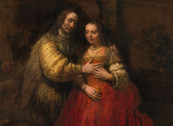 This painting depicts a man and woman, the man’s left hand on the woman’s shoulder and his right hand on the front of her body.