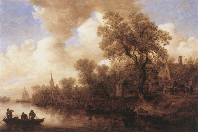 Scene depicts a river and a river bank. A house is seen on the bank and the outline of three men on a small boat is seen in the bottom left.