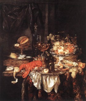 Painting shows an array of decadent food and drink piled on a table.