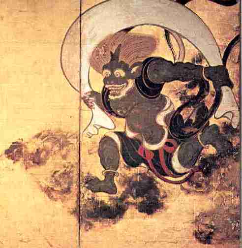 This portion depicts the wind god as a dark, animated figure against a gold background.