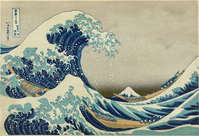 The image depicts an enormous wave threatening boats off the coast of the prefecture of Kanagawa. It depicts the area around Mount Fuji, and the mountain itself appears in the background.