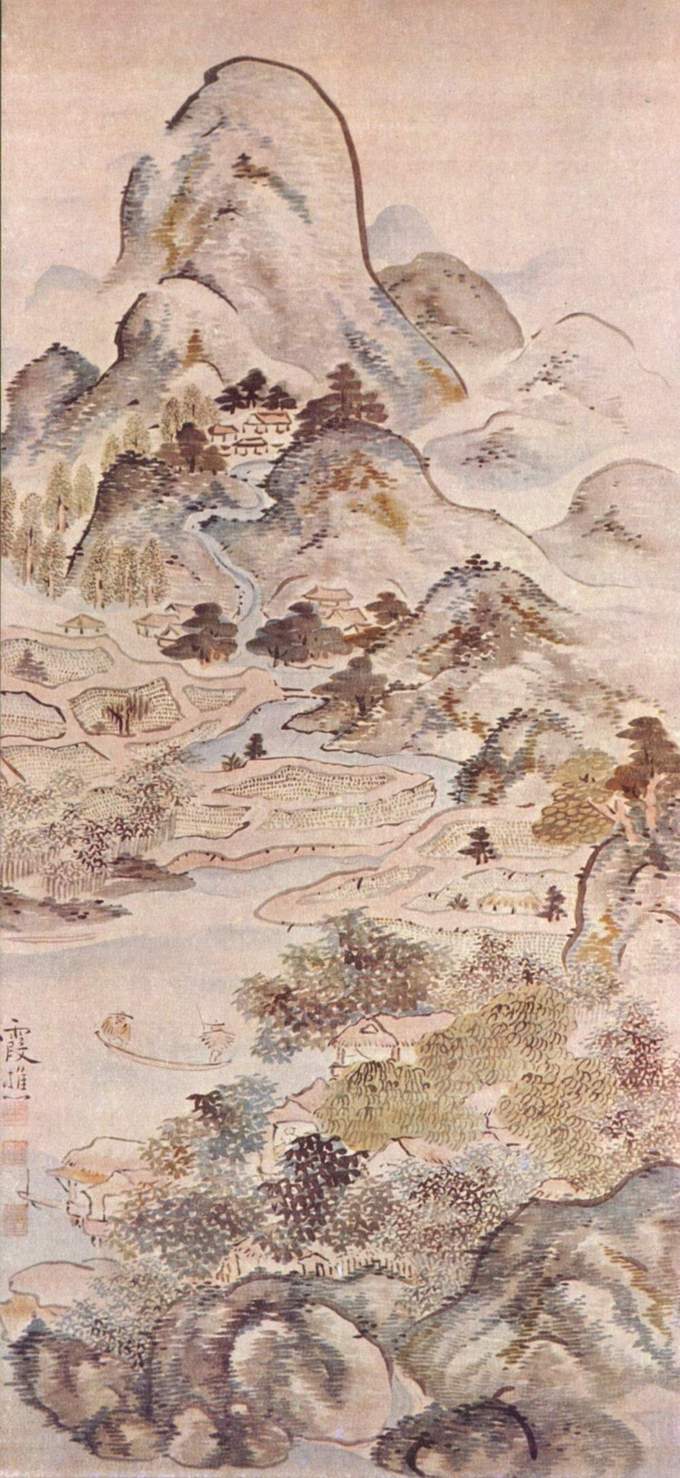 A detailed landscape depicting a river running through hills with huts scattered throughout. Two fishermen sit in a boat in the river.