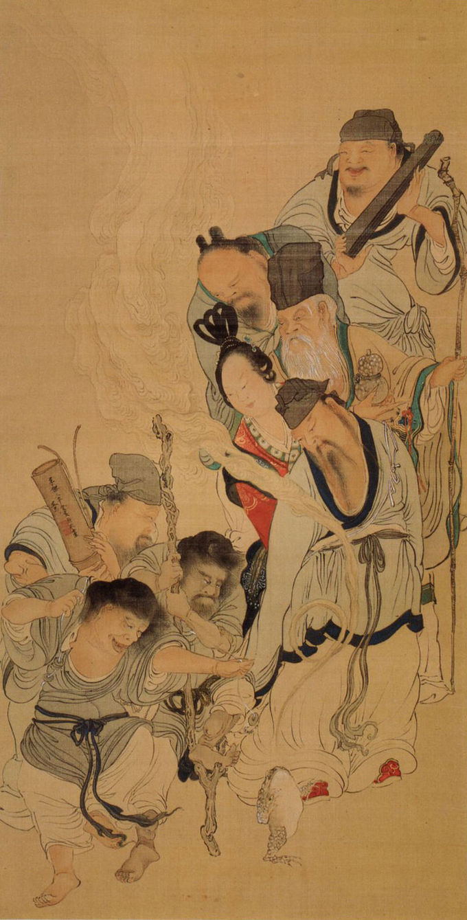 The eight immortals are shown in various poses and movement, interacting with an unknown creature.