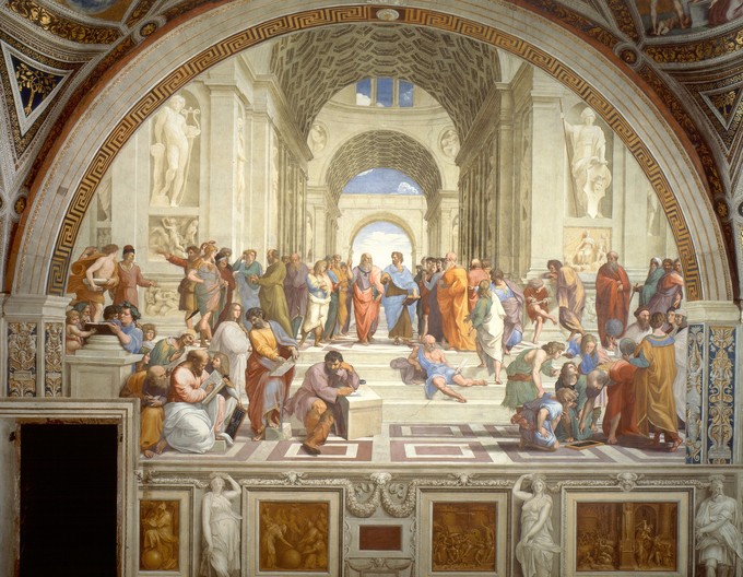 This fresco depicts a hall with a gathering of over twenty philosophers.