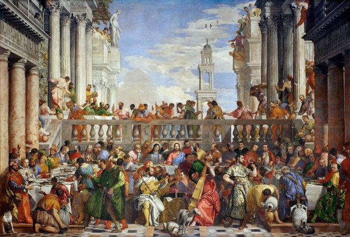 This painting depicts the Bible story of the Marriage at Cana, a wedding banquet at which Jesus converts water to wine. The architecture features Doric and Corinthian columns surrounding a courtyard enclosed with a low balustrade. In the foreground, a group of musicians play Late–Renaissance instruments (lutes and stringed instruments).