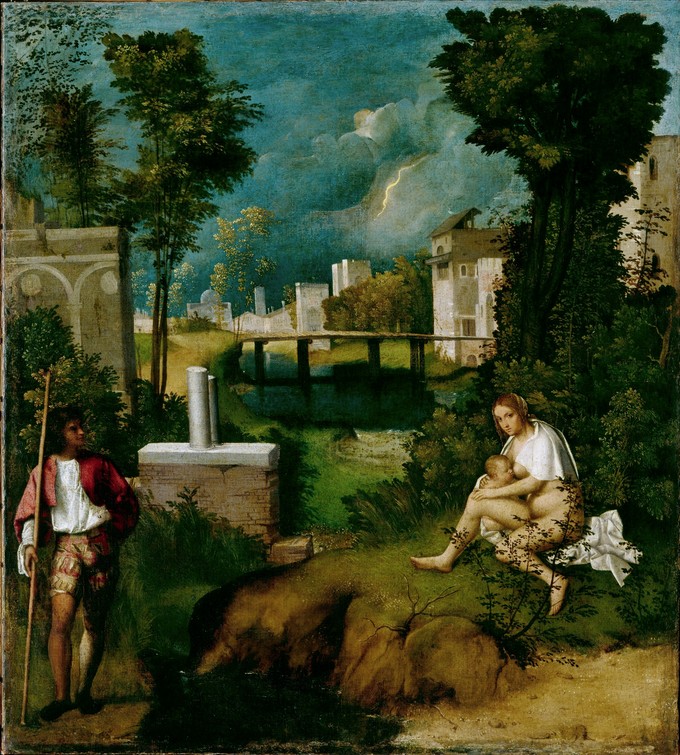 On the right a woman sits, suckling a baby. A man holding a long staff or pike stands in contrapposto on the left. He smiles and glances to the left, but does not appear to be looking at the woman.