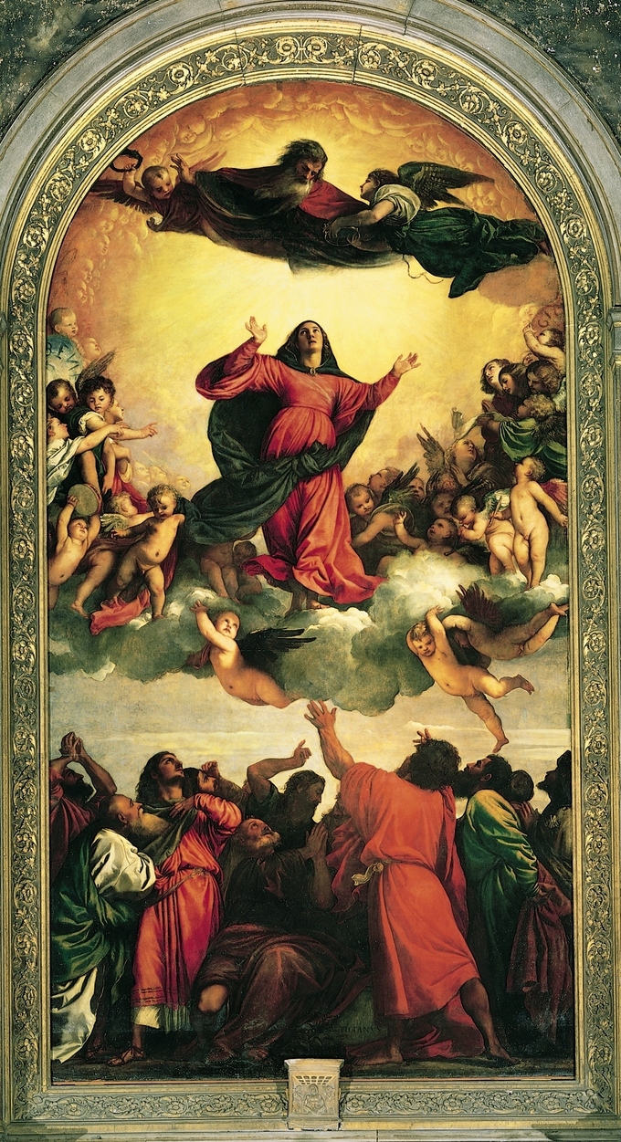This picture shows different events in three layers. In the lowest layer are the Apostles. They are shown in a variety of poses, ranging from gazing in awe, to kneeling and reaching for the skies. In the center, the Virgin Mary is drawn wrapped in a red robe and blue mantle. She is raised to the heavens by a swarm of cherubim while standing on a cloud. Above is an attempt to draw God, who watches over the earth with hair flying in the wind. Next to him, flies an angel with a crown for Mary.
