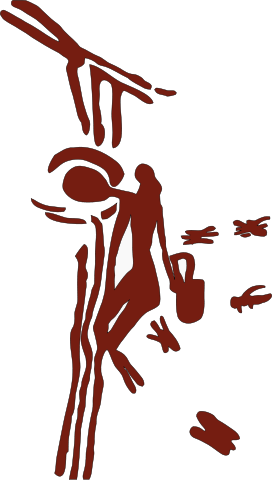 Cave painting that depicts a human figure hanging from a vine that holds a beehive. Several bees surround the figure.