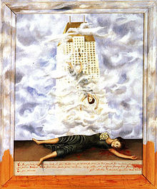 This painting depicts Hale standing on the balcony, falling to her death while also lying on the bloody pavement below.