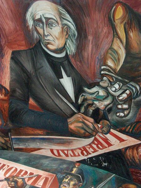 This part of a mural depicts a gray-haired man in a black suit holding a pen. From a side, a figure with bound hands reaches for the pen.