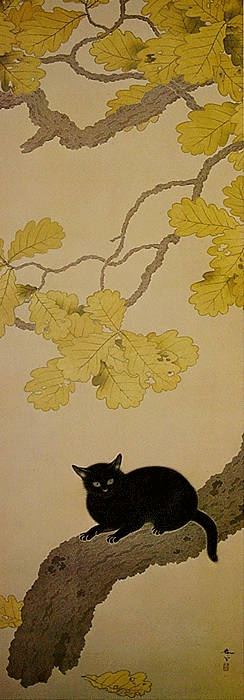 A black cat is perched in a tree.