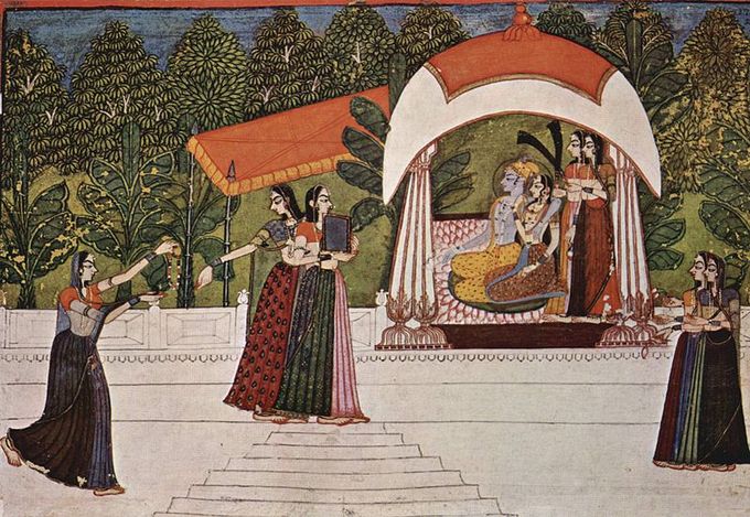 Krishna and Radha sit together in a pavilion. Several other figures are in various poses elsewhere in the piece.