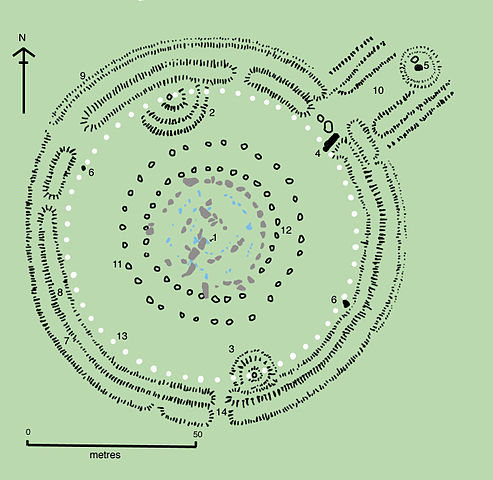 Drawing of aerial view of Stonehenge. Shows placement and pattern of stones.