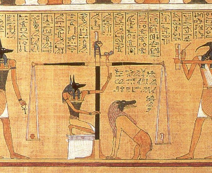 This detail scene, from the Papyrus of Hunefer (c. 1275 BCE), shows the scribe Hunefer's heart being weighed on the scale of Maat against the feather of truth, by the jackal-headed Anubis. The ibis-headed Thoth, scribe of the gods, records the result. If his heart equals exactly the weight of the feather, Hunefer is allowed to pass into the afterlife. If not, he is eaten by the waiting chimeric devouring creature Ammit composed of the deadly crocodile, lion, and hippopotamus.