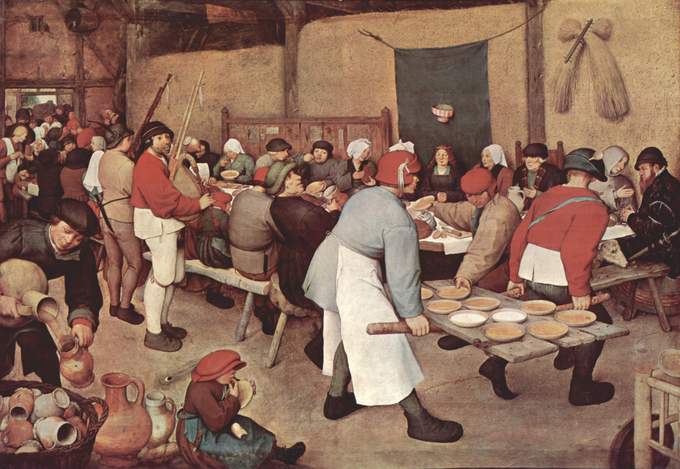 The feast is in a barn. The plates are carried on a door off its hinges by two men. Two pipers are playing the pijpzak, an unbreeched boy in the foreground is licking a plate, and the wealthy man at the far right is feeding a dog.
