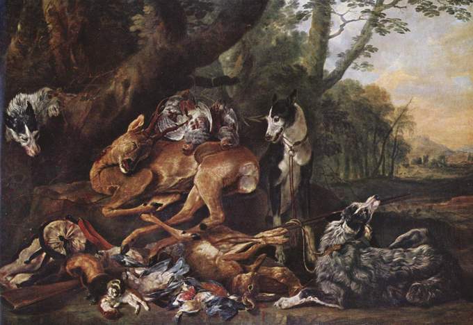 Painting depicts several dead animals beneath a tree, guarded by two dogs.