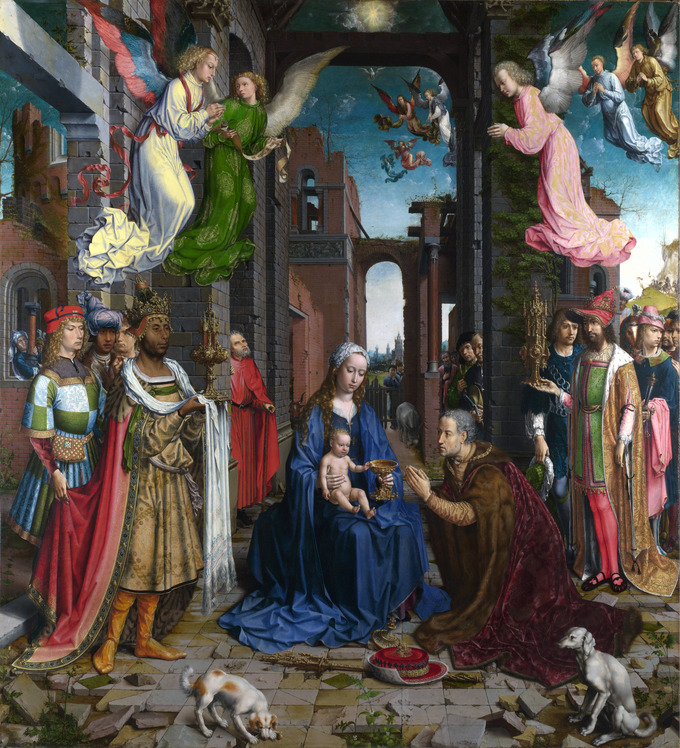 In the center of the painting, the Madonna and child sit in the ruins of a building, receiving a gift from the kneeling Caspar to the right. Many figures surround them from behind and the sides. Angels watch from above.