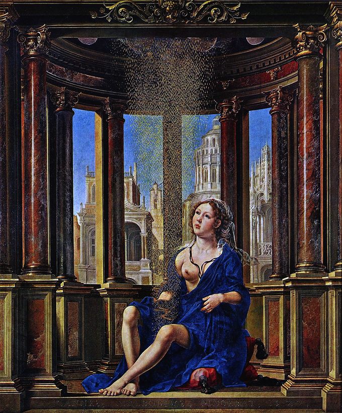 Painting depicts Danae seated, surrounded by columns, with one breast visible.