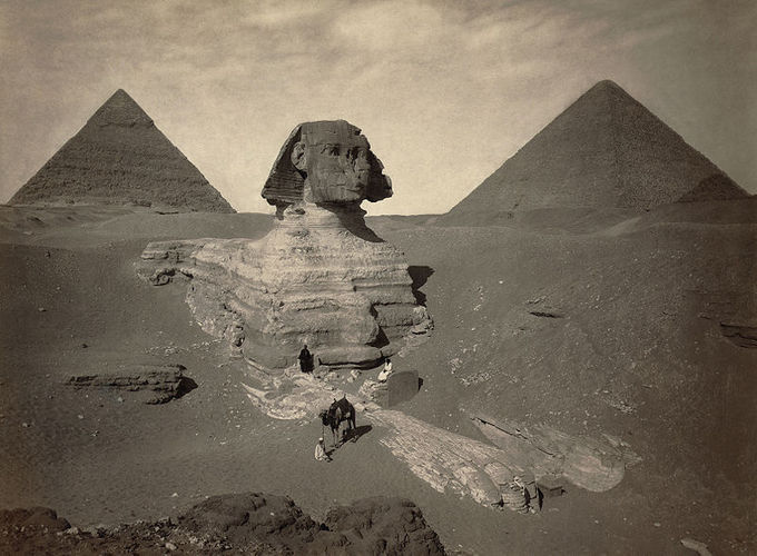 Photo depicts excavated sphinx statue.