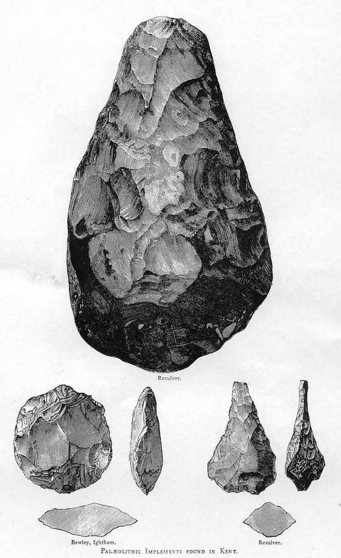 Sketch from the Victorian Era. It depicts three types of Acheulean hand axes.