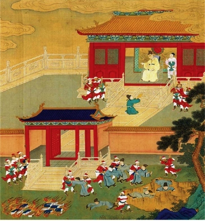This bright and colorful painting depicts a temple in the background and a pile of burning books and scholars being pushed into a giant hole in the foreground.
