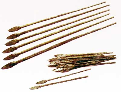 The long, sturdy crossbow bolts are shown lined up next to a pile of smaller Arcuballista bolts.