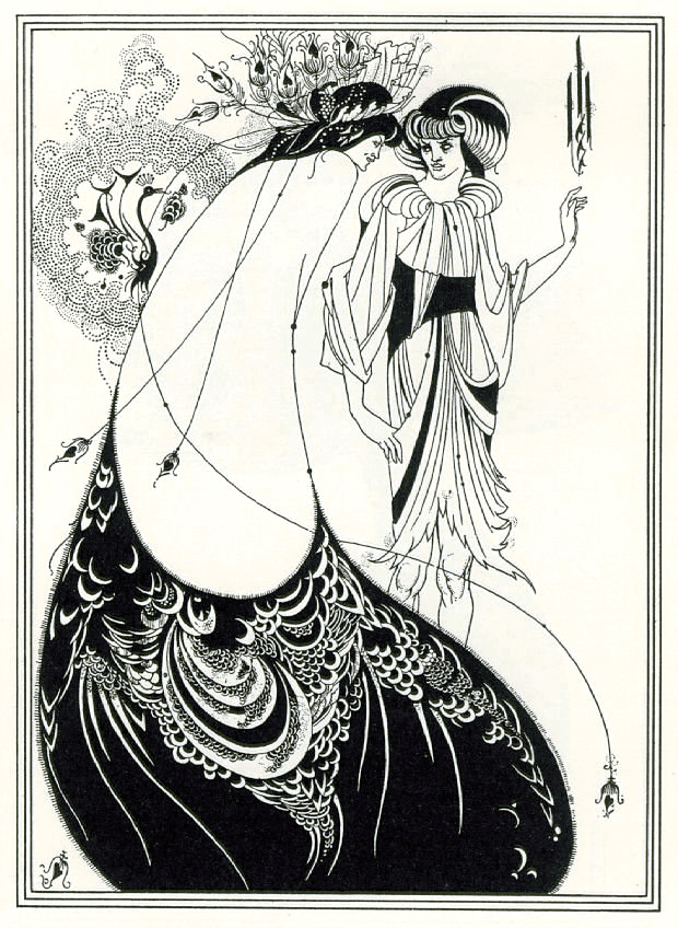 Black and white poster depicting two women wearing flowing, intricate dresses. The woman in the foreground is wearing a giant skirt that resembles a peacock feather.