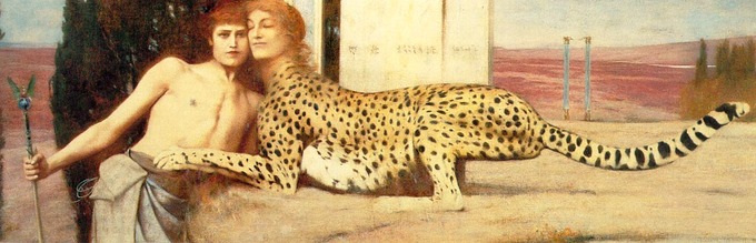 A young, shirtless man is being caressed by a cheetah in a sphinx-like pose with a woman’s head.