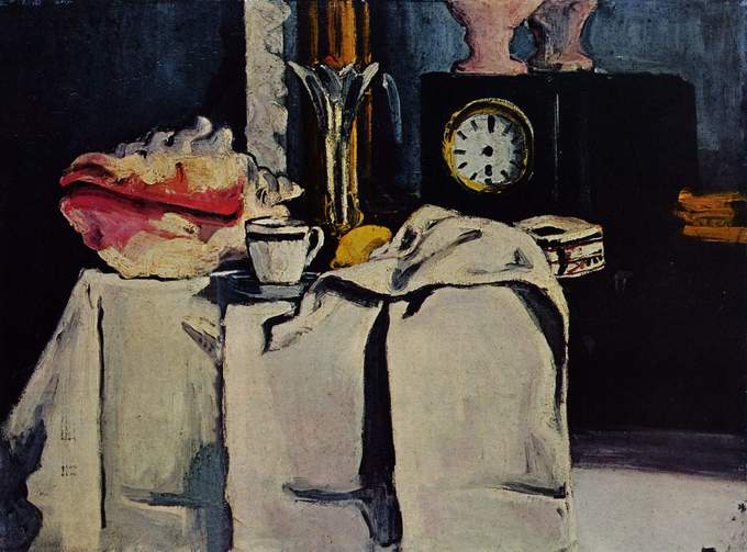 Painting is a still life depicting a table covered in a thick cloth with a tea cup and large shell on it. A black clock is in the background.