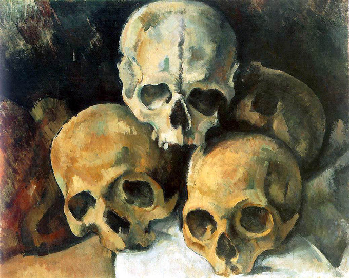 Painting depicts four human skulls piled together.