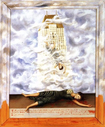 It depicts Hale standing on the balcony, falling to her death while also lying on the bloody pavement below.