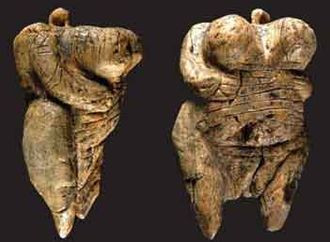 Photo featuring photo and side views of figurine of a woman sculpted from a woolly mammoth tusk.